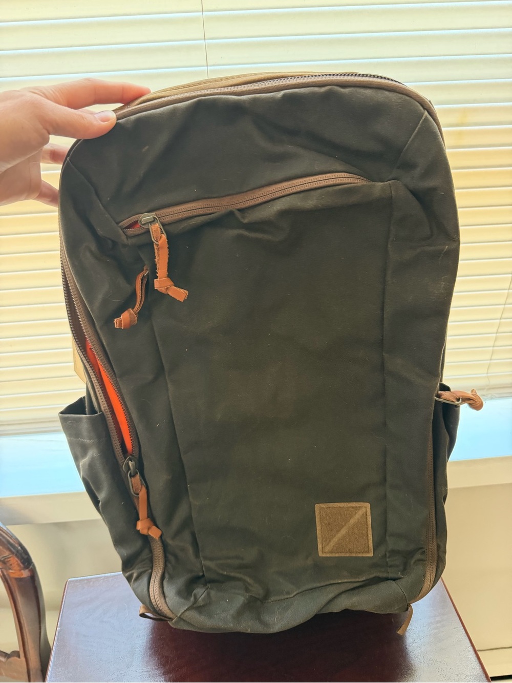 Men's Canvas Backpack - Dark Olive Green with Brown Accents